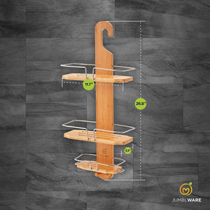 JumblWare Bamboo Shower Caddy, Hanging 3-Tier Suction Cup Shower Organizer with Holder & Hooks
