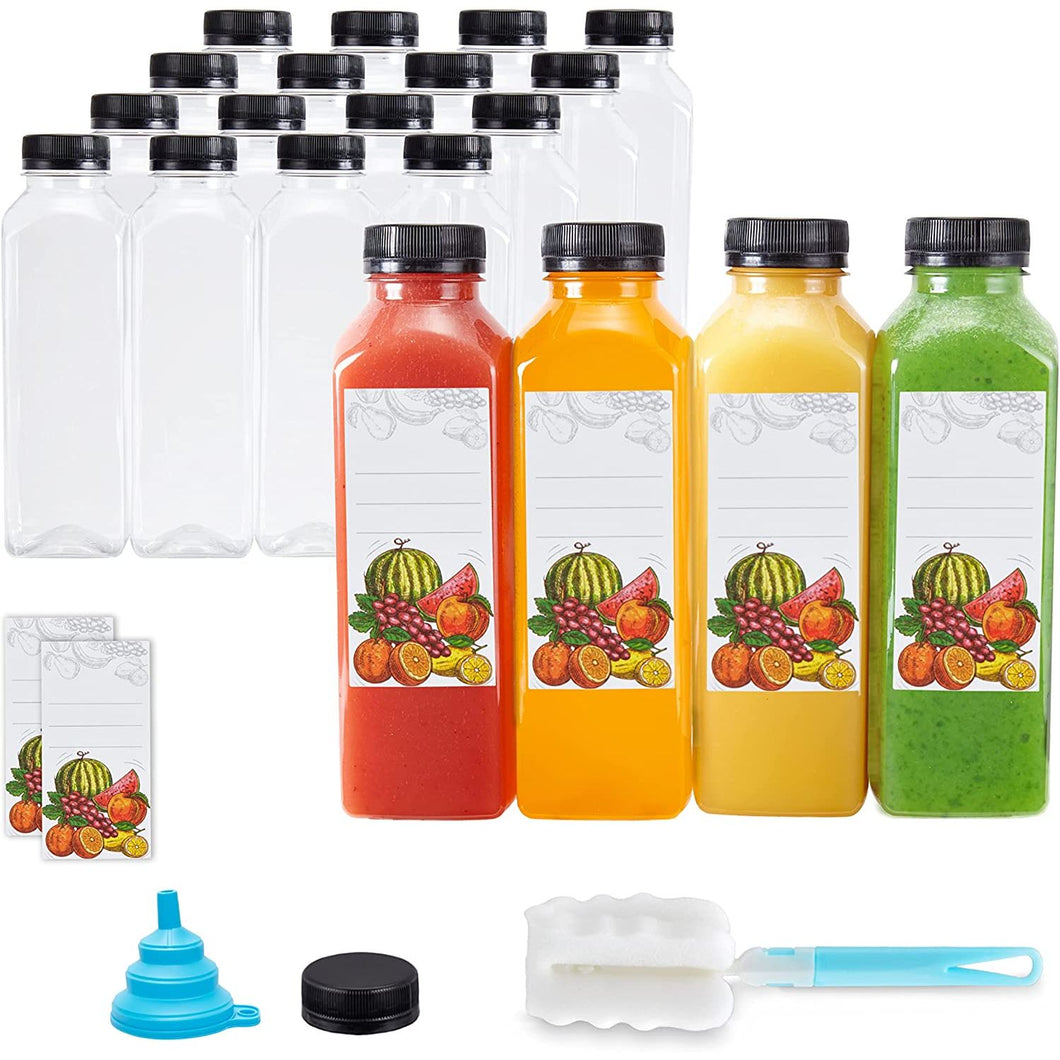 JumblWare 16 fl oz. Clear Plastic Juice Bottles with Caps, Recyclable Juice Bottles, 20 Pcs