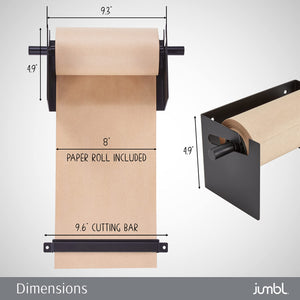 Jumbl Kraft Paper Wall Dispenser, 8" Wall Mounted Paper Roll Dispenser with Paper Cutter (Black)