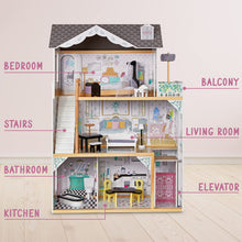 Load image into Gallery viewer, Lil&#39; Jumbl X-Large Wooden Dollhouse, 3 Story Doll House Set with Elevator, Stairs &amp; Accessories
