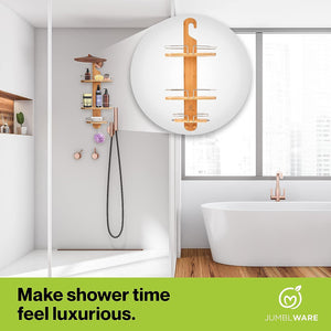 JumblWare Bamboo Shower Caddy, Hanging 3-Tier Suction Cup Shower Organizer with Holder & Hooks