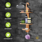 JumblWare Bamboo Shower Caddy, Hanging 3-Tier Suction Cup Shower Organizer with Holder & Hooks