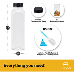 JumblWare 16 fl oz. Clear Plastic Juice Bottles with Caps, Recyclable Juice Bottles, 20 Pcs