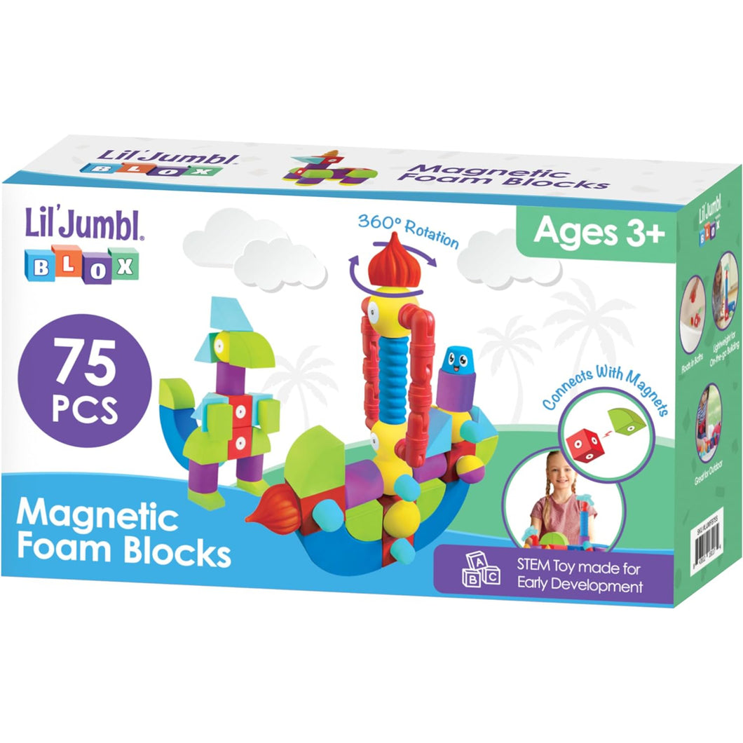 Lil' Jumbl Blox 75-Piece Magnetic Building Blocks Play Set, Durable & Waterproof Toddler Toys 3-6