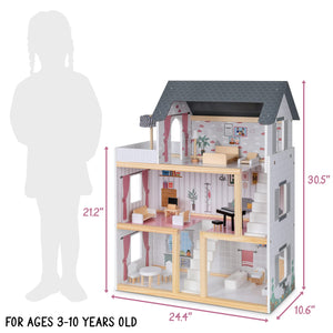 Lil’ Jumbl Kids Wooden Dollhouse, 17-Piece Accessories & Furniture are Included, with Balcony & Stairs, 3 Story Easy to Assemble Doll House Toy