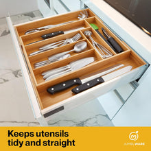 Load image into Gallery viewer, JumblWare Bamboo Drawer Organizer and Extendable Kitchen Silverware Organizer with Dividers
