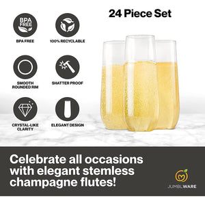 JumblWare 24 Clear Stemless Plastic Champagne Flutes (9-oz.), Recyclable, Disposable & Shatterproof