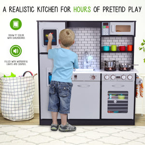 Lil' Jumbl Premium Kids Kitchen Set, Wooden Pretend Play Kitchen W/Sounds & Accessories - Charcoal