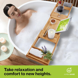 JumblWare Bamboo Bathtub Caddy, Waterproof Wooden Bath Tray with Handles & Extendable Sides