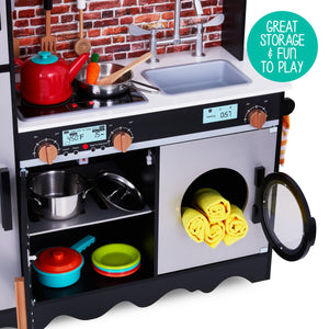 Lil' Jumbl Large Kids Kitchen Set, Wooden Pretend Play Kitchen with Sounds & Accessories - Charcoal