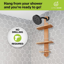 Load image into Gallery viewer, JumblWare Bamboo Shower Caddy, Hanging 3-Tier Suction Cup Shower Organizer with Holder &amp; Hooks

