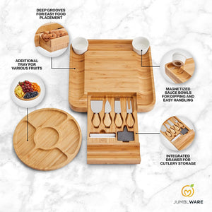JumblWare Bamboo Cheese Board and Fruit Platter, Wooden Meat and Cheese Tray with Knife Set
